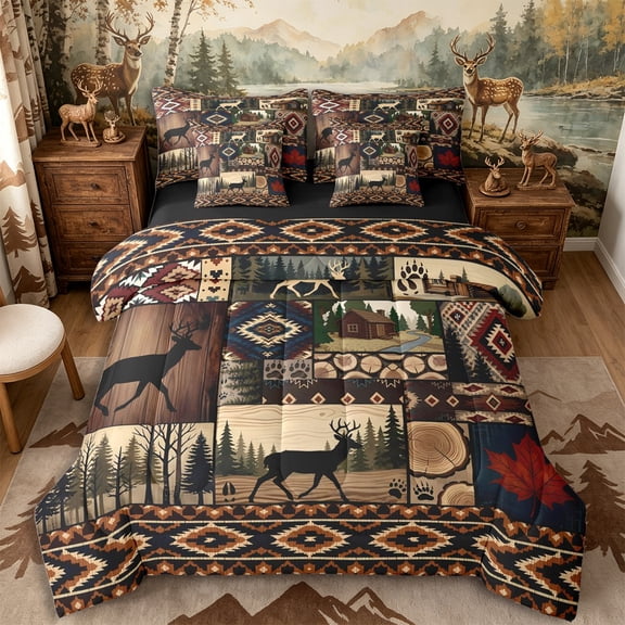 Castle Fairy Rustic Patchwork Western Wildlife 7-Piece Twin Bedding,Aztec Plaid Cabin Pine Paw Print Bedding Comforter Set,Brown Red Cream,Black Reversible