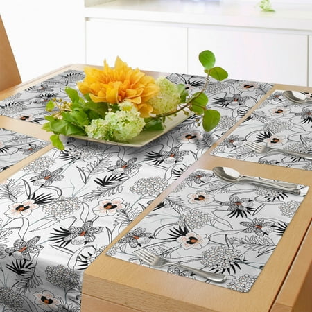 

Exotic Table Runner & Placemats Tropic Foliage Petals Wildflowers Hibiscus Buttercup Hand Drawn Set for Dining Table Decor Placemat 4 pcs + Runner 12 x90 Black Dark Orange and White by Ambesonne