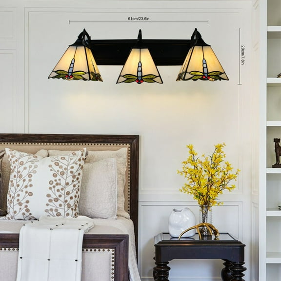 Vintage Style Wall Sconce Lamp 3 Head Stained Glass Light Fixtures Flower Decoration Indoor Light Fixtures for Mirror Front Lamp Bedroom Bedside Wall Lighting Fixture