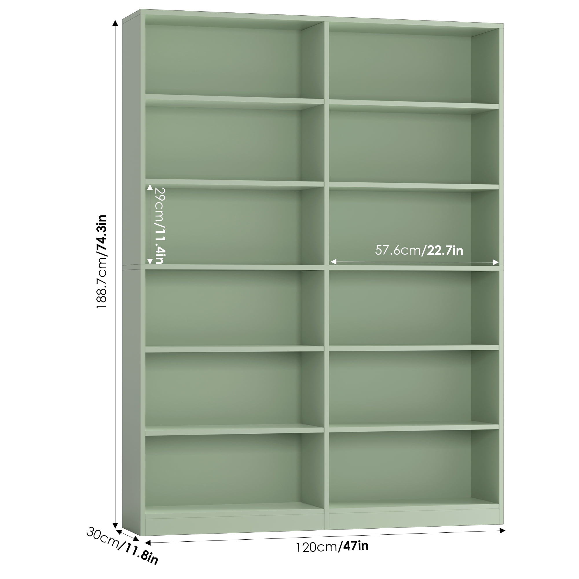 Homfa 74.3” Double Wide 6-Tier Bookcase, Extra Large Wooden Freestanding Display Bookshelf for Home Office Living Room, Green