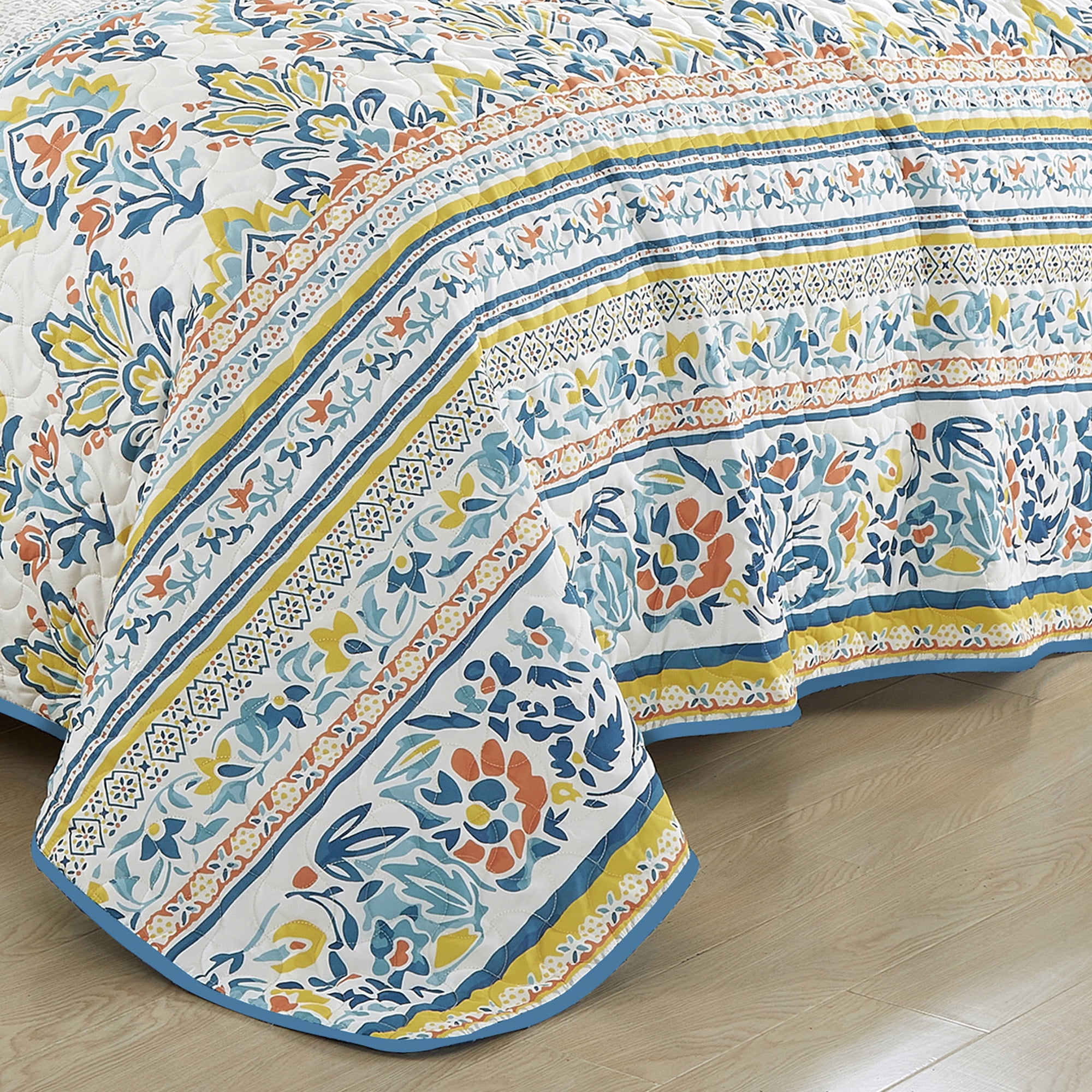 Blue Boho Floral Bedspread Set King Size - Medallion Bedding Set