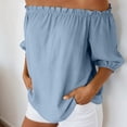 thumbnail image 2 of larppty Womens Off Shoulder Tops Linen Cotton Tunic Tops Long Sleeves Ruffle Balloon Sleeve Shirts Summer Casual Blouses（Sky Blue， M）, 2 of 9