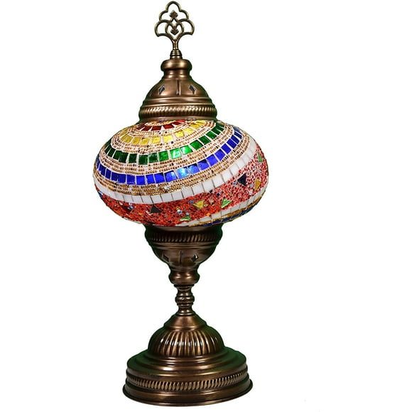 KusKuus Handmade Turkish Lamp, Decorative Moroccan Lamp, Mosaic Boho Bedside Night Lamp, Vintage Mosaic Table Lamp Stained Glass Globe and Brass Colored Base with 8W LED Bulb and US Plug BSC10