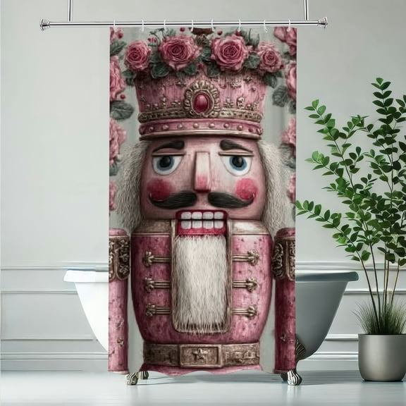 RKSupls Christmas Shower Curtain, Pink Flower Nutcracker Shower Curtain with Hooks for Christmas Home Bathroom Decor Washable Curtains, 36x72 in