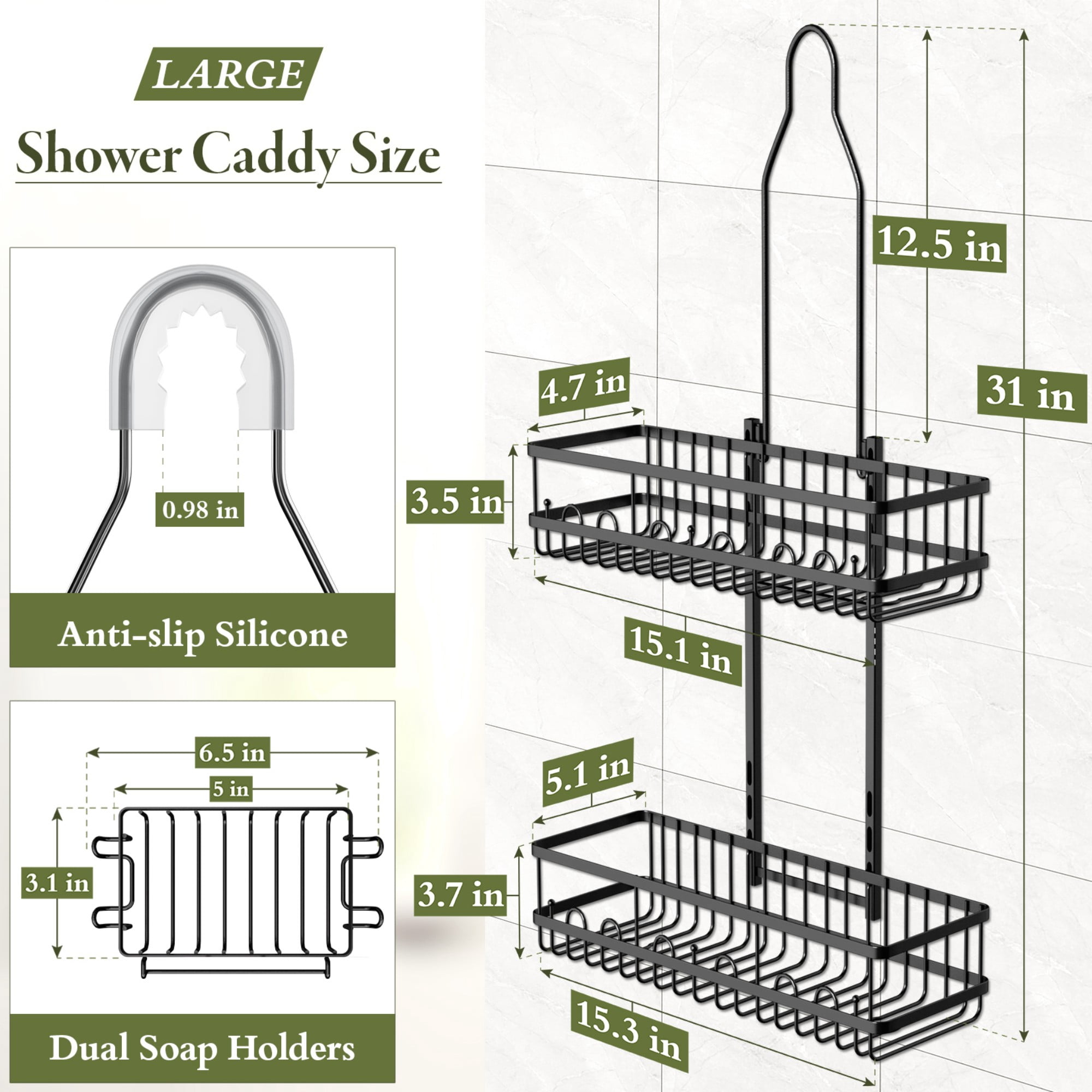 SHINGONE Shower Caddy Hanging: Adjustable Height Organizer for over Showerhead - Black Rustproof Shower Shelves with Hooks & 2 Soap Holders