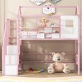 thumbnail image 3 of Hassch Twin Size Metal Loft Bed with Storage Staircase and Shelf, House Shaped Design with Window, Pink and White, 3 of 8