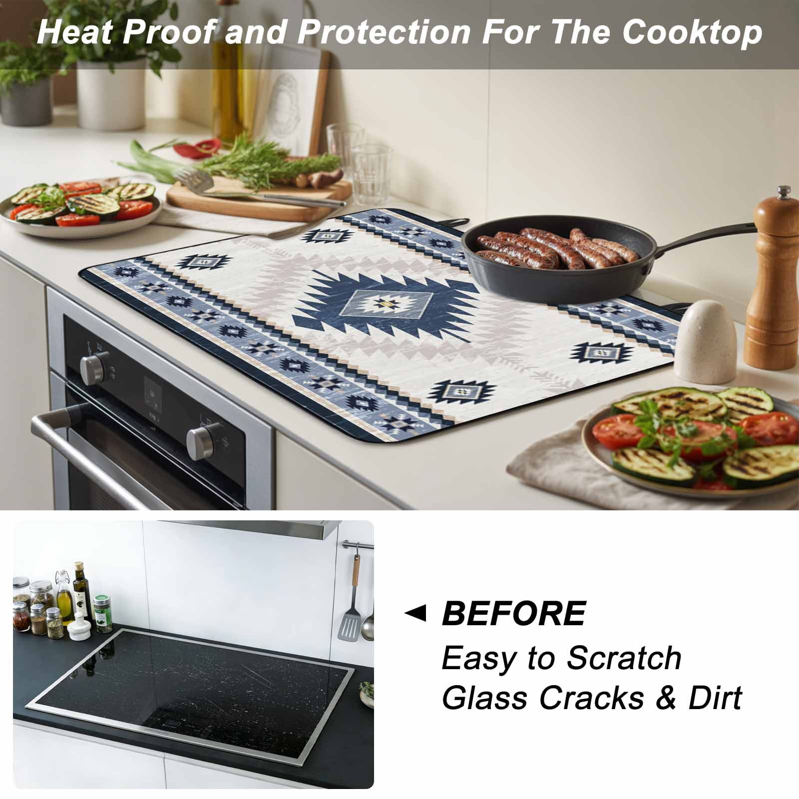 Blue Beige Boho Stove Top Cover for Electric Stove, Heat-proof & Non Slip Glass Top Stove Cover Protector, Vintage Ethnic Tribal Southwestern Kitchen Flat Cooktop Rubber Mat 28.5x20.5 Inches