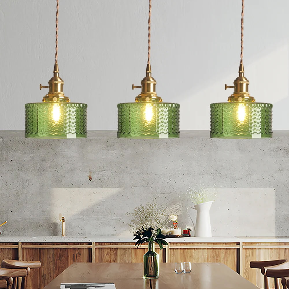 Arturesthome Classic Vintage Green Glass Pendant Light Cylinder Wavy Small Light Fixture