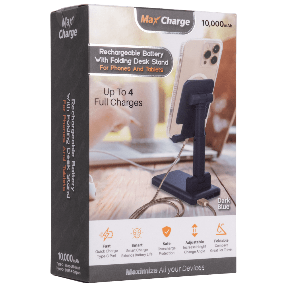 MaxCharge 10000mAh Desk Mount Backup Battery Power Bank with USB-C and Dual USB-A Ports, Blue