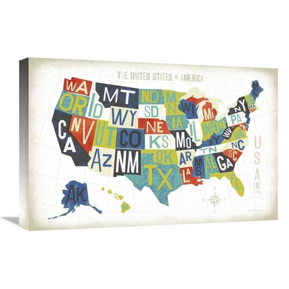 Global Gallery's 'Letterpress USA Map' By Michael Mullan Stretched Canvas Wall Art