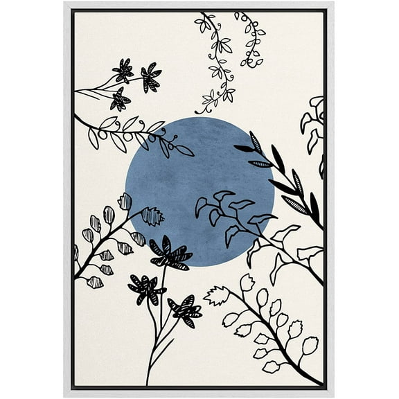 PixonSign Framed Canvas Print Wall Art Mid-Century Floral Botanical Flowers Blue Circle Abstract Shapes Illustrations Modern Art Decorative Minimal for Living Room, Bedroom, Office - 16"x24" White
