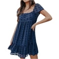 thumbnail image 1 of Birdeem Robe Mini Élégante à Manches Courtes en Chiffon pour Femmes avec Pompon, Col en U et Volants, 1 of 1