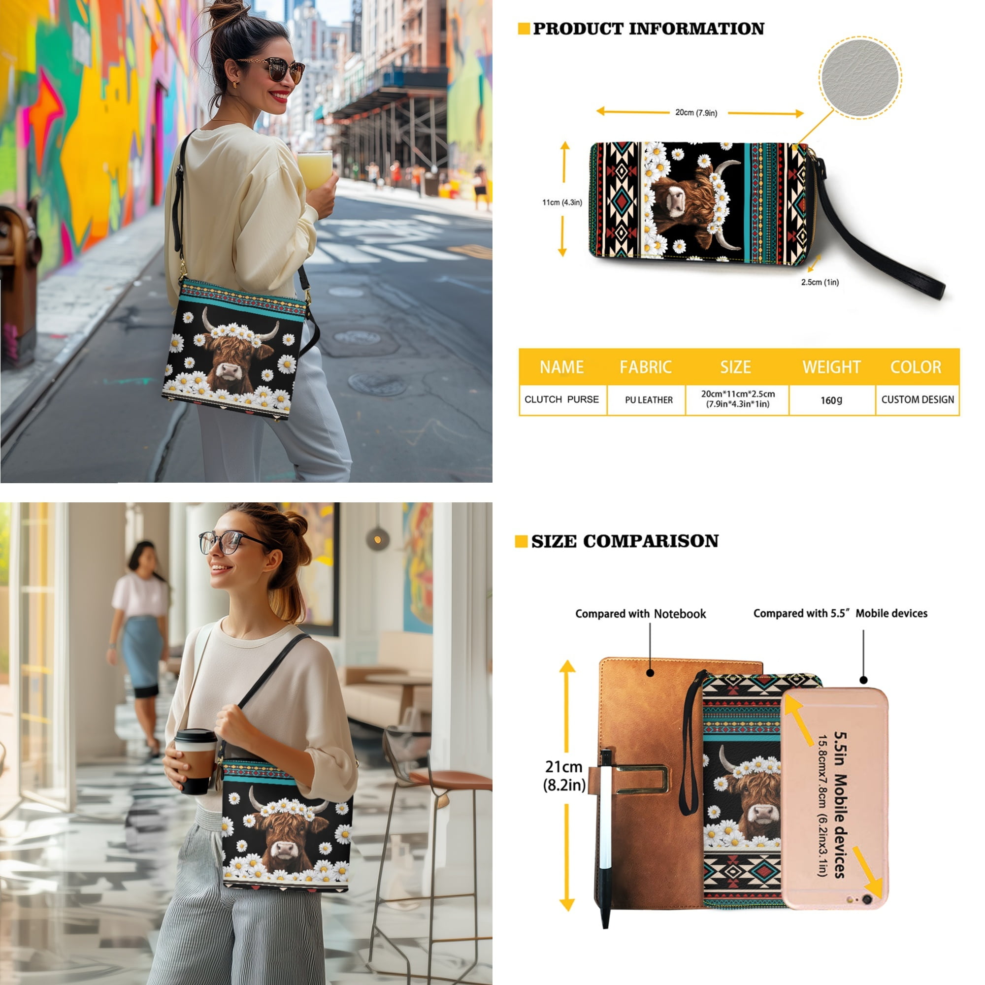 ZUXONGSY Aztec Highland Cow Daisy Flower Print Bucket Purse and Wallet Set for Women Lady Fashion Bucket Bag Tote Purse Set Lightweight Crossbody Hobo Bag with Wallet Set for Daily Use
