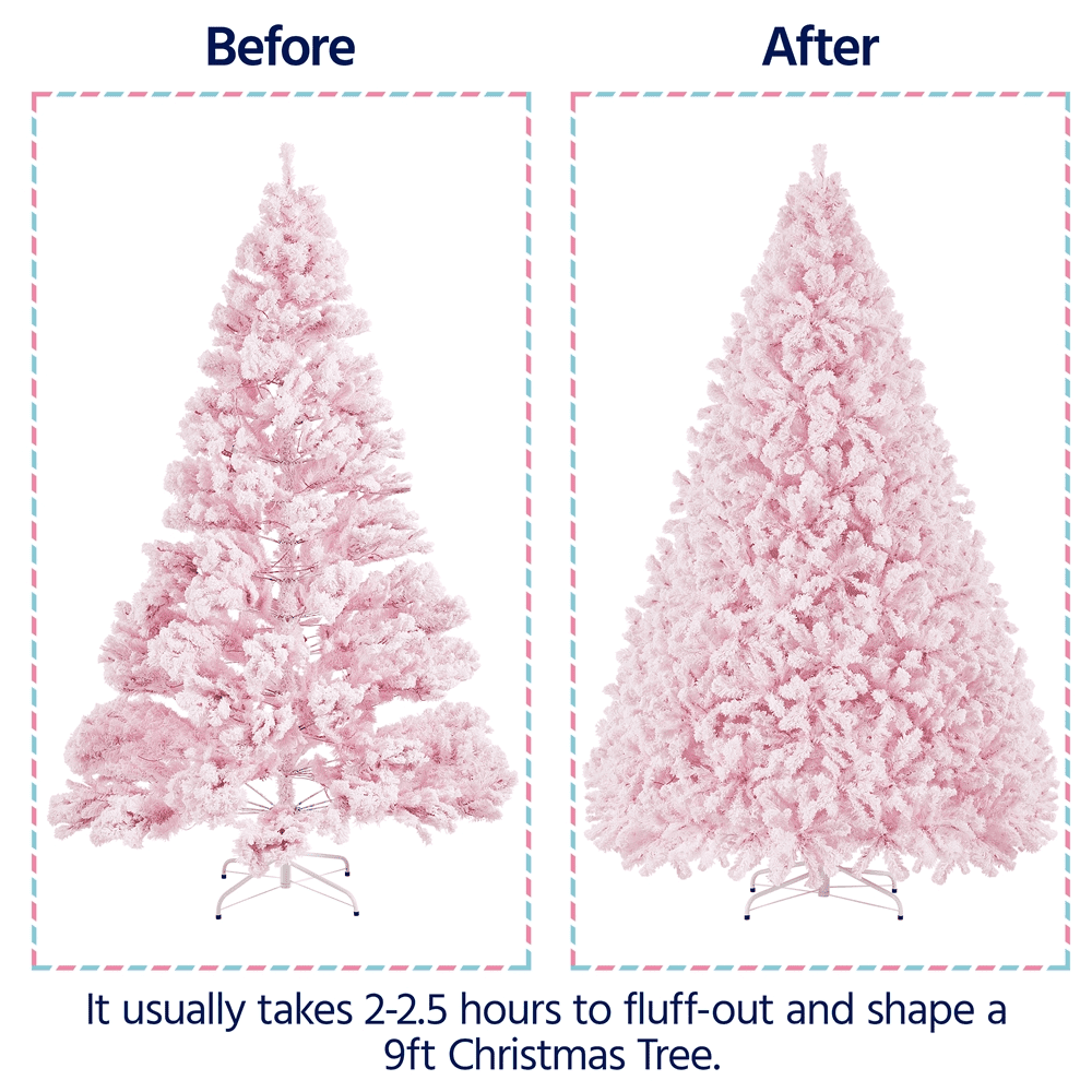 Alden Design 9Ft Pre-lit Flocked Artificial Christmas Tree with Incandescent Warm White Lights, Pink
