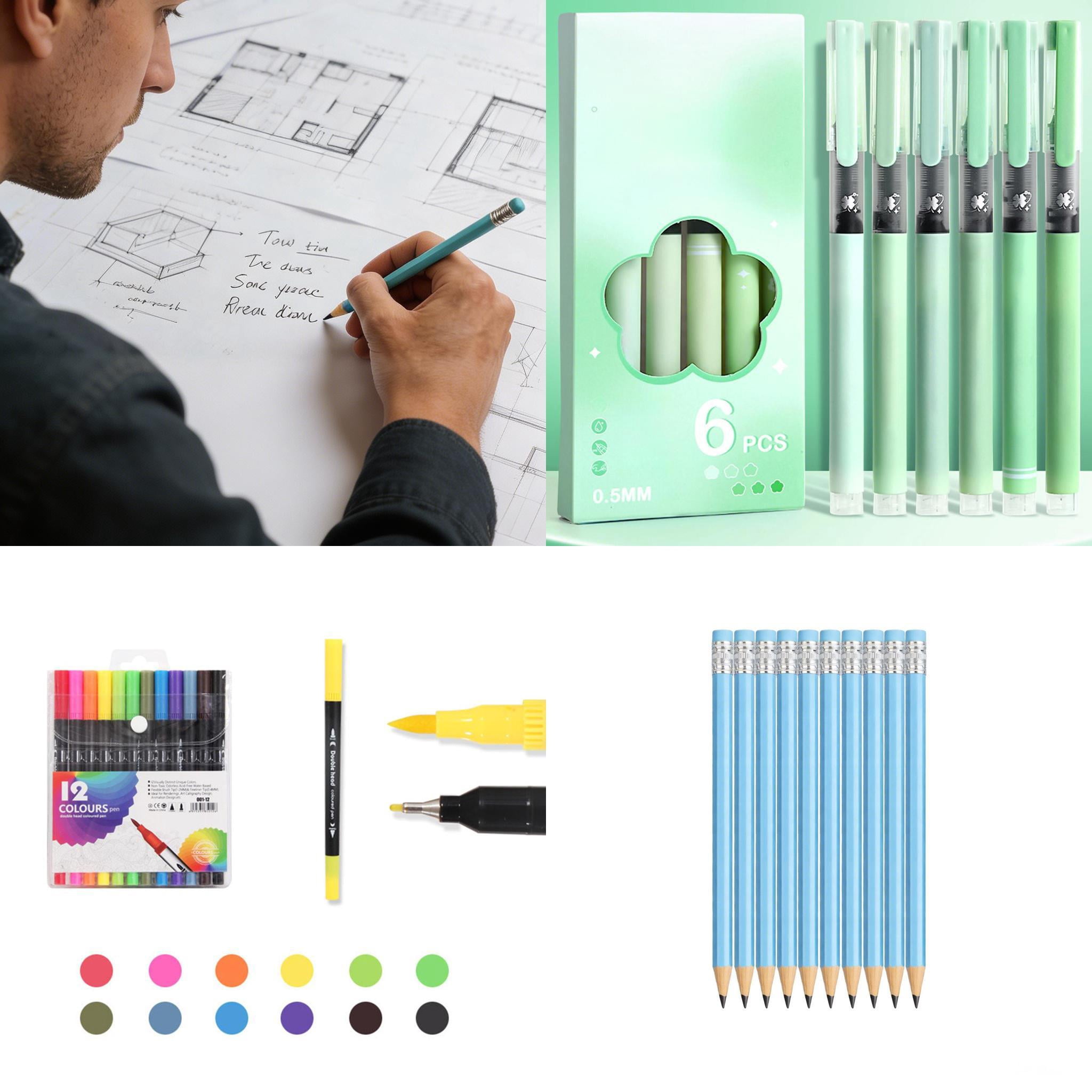 FEOLGEHLY 12PCS Stationery Set Pencil Cases with Double Zippers, Ruler Compass Pencil Watercolour Pen Sticky Note Pencil Sharpener Quick Drying Pen, Portable Durable for Office Travel