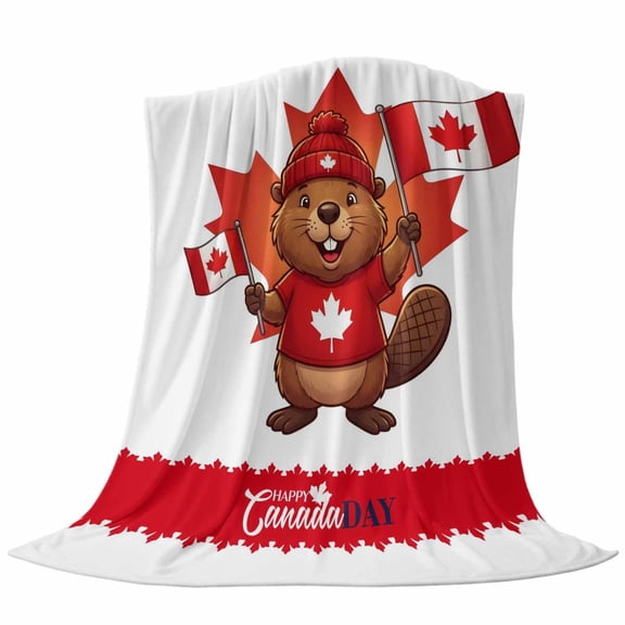 Happy Canada Day Fleece Throw Blanket Red Maple Leaf Flag Beaver Animal Ultra Soft Fuzzy Cozy Flannel Throw Blanket for Couch Sofa Bed Car Travel, Ideal Gifts 50x60 Inches