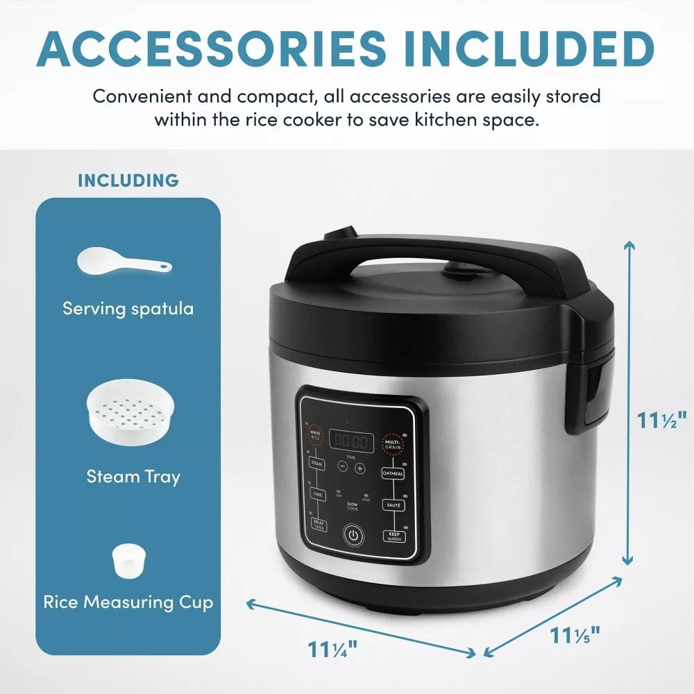 20 Cup Digital Multicooker & Rice Cooker - Stainless Steel, 5 Settings, Auto Keep Warm, Nonstick, 700W