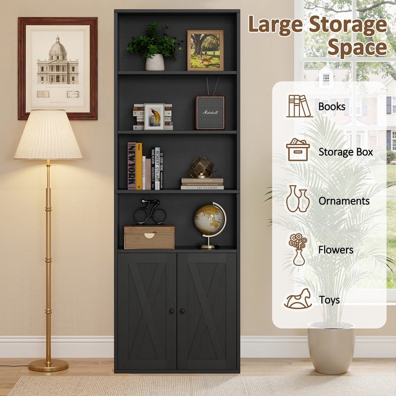 Walsunny Bookcase with Doors, 6-Tier Bookshelf with Storage, Farmhouse Bookshelves with Cabinet, Storage Display Shelf for Living Room Home Office, Black