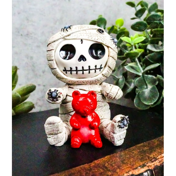 Ebros Furrybones Mummy Sarcophagus with Red Teddy Bear & Spiders Figurine 2.75"H