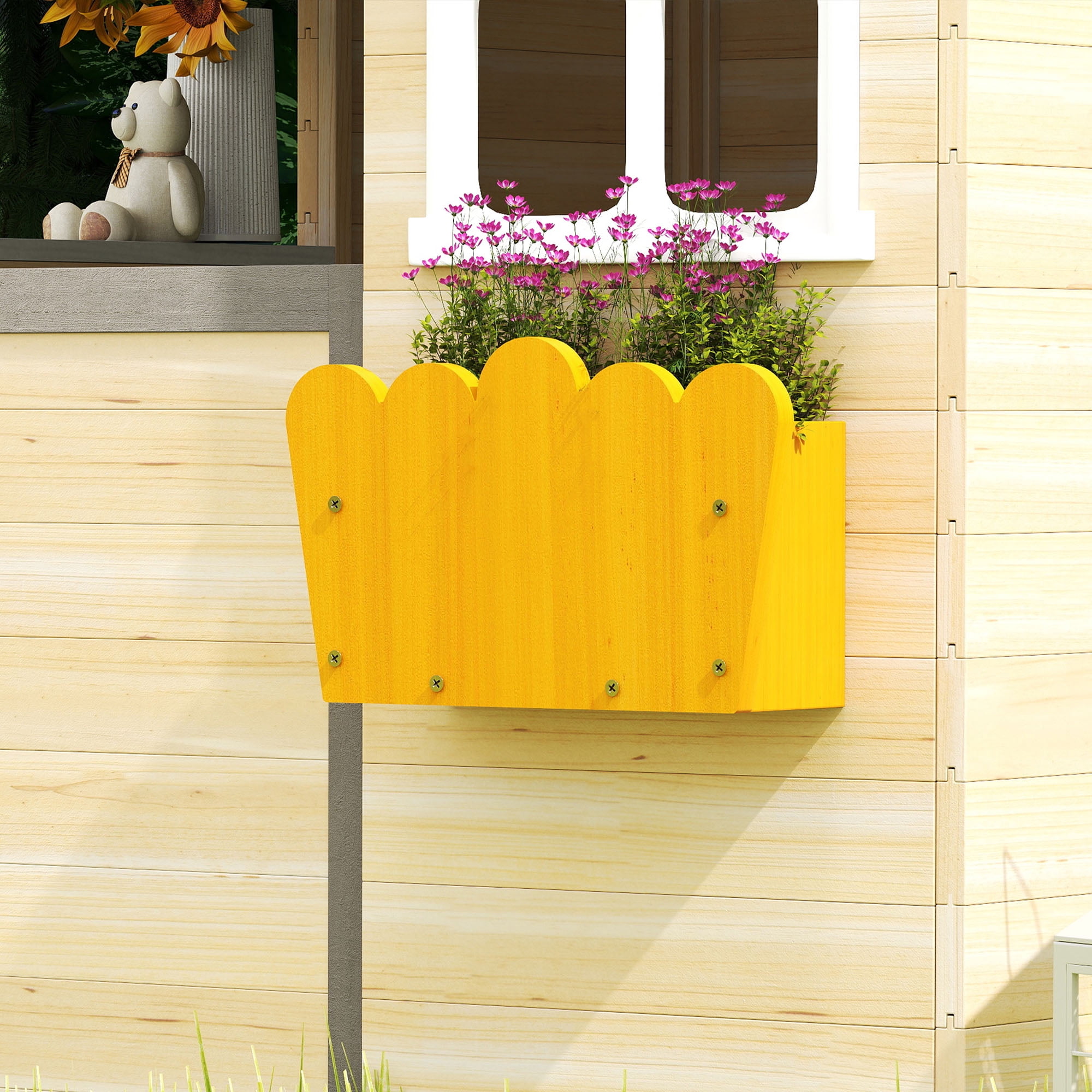 Kids Wooden Outdoor Playhouse with Bench, Service Station & Flowerpot Holders, Fir Wood Play House with Half Door & Windows, Tilted Roof, for Ages 3–7