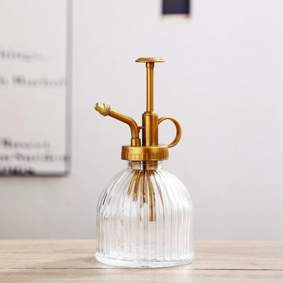 Glass Watering Bottle, Plant Spray with Bronze Plastic Top Pump Flower Watering Can for Watering Small Plants in Home or Office, Clear + Bronze Lid