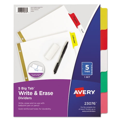 Letter 5-Tab Multicolor Avery Write & Erase Big Tab Plastic Dividers 
