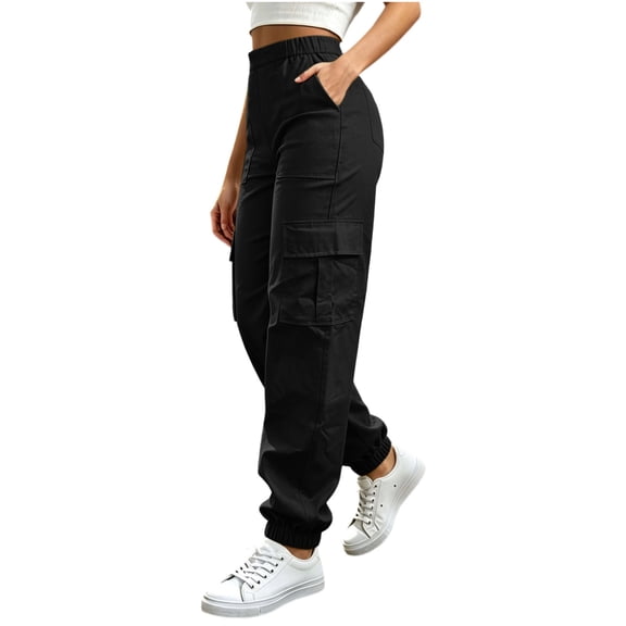 QIYAGBSA Women's Jogger Pants Elastic Waist Drawstring Multi Pocket Outdoor Hiking Casual Daily Wear (Black L)