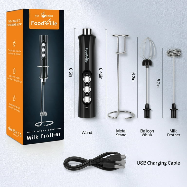 FoodVille MF02 Rechargeable Milk Frother, Handheld Foam Maker for