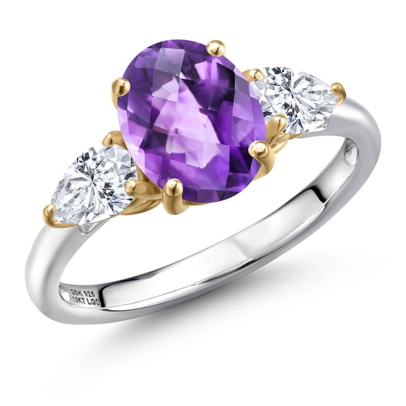 Gem Stone King 925 Silver and 10K Yellow Gold Purple Amethyst and F - G Lab Grown Diamond Engagement Ring for Women | 2.20 Cttw | Oval Checkerboard 9X7MM | Gemstone February Birthstone | Size 9