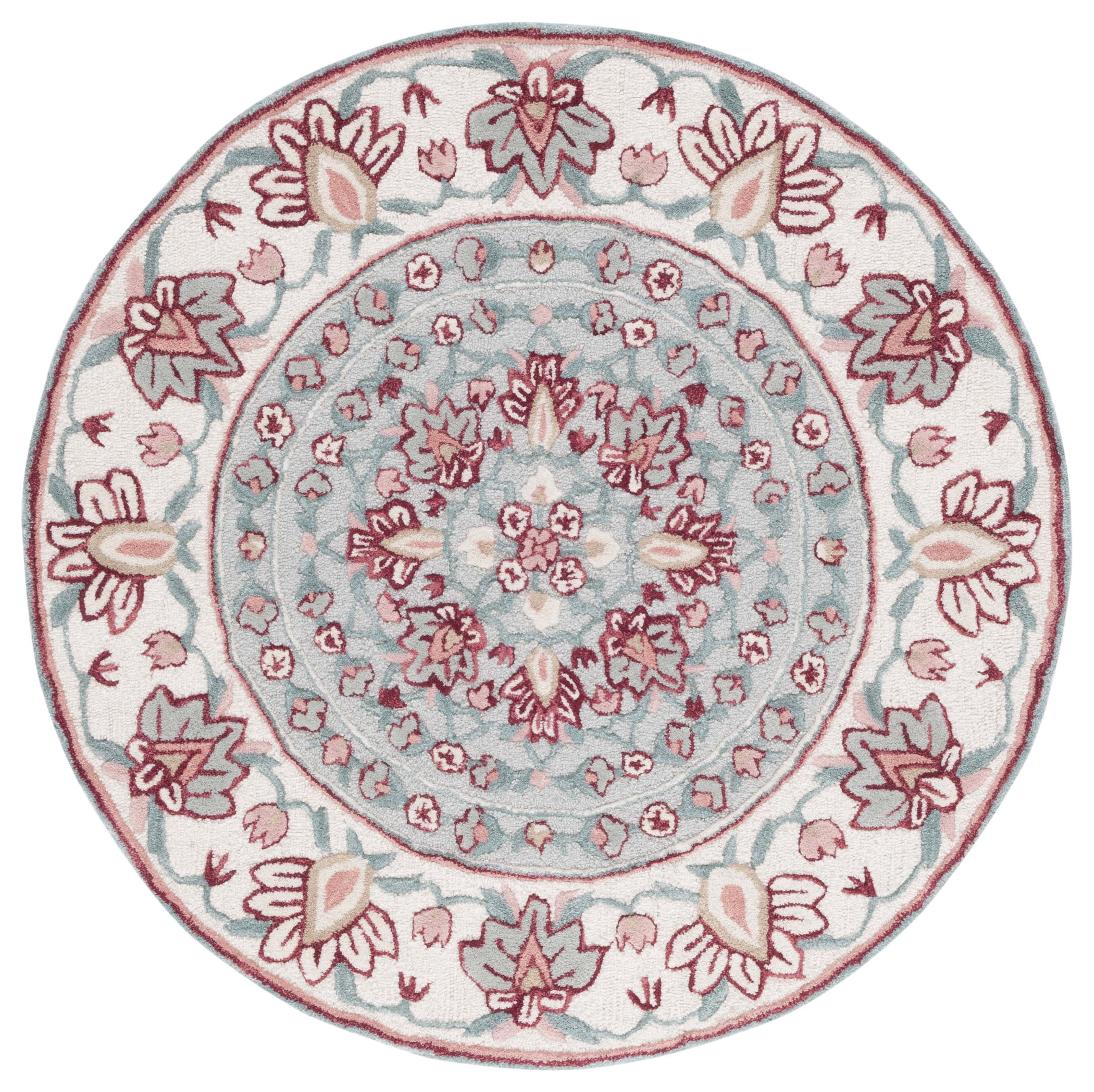 SAFAVIEH Bellagio Vanessa Floral Wool Area Rug, Light Gray/Ivory, 5' x 5' Round