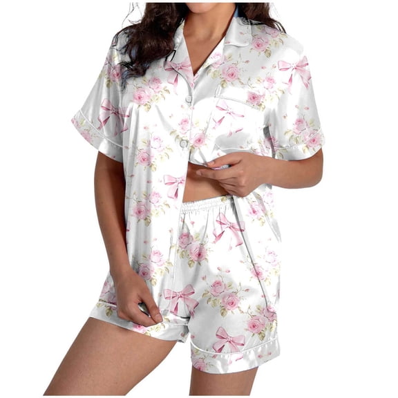 KKBOTIVE Womens Silk Satin Pajama Set 2 Piece Heart Embroidery Short Sleeve Button Up Sleepwear Women's Fashion Daily Loungewear ( n-White Size: M )