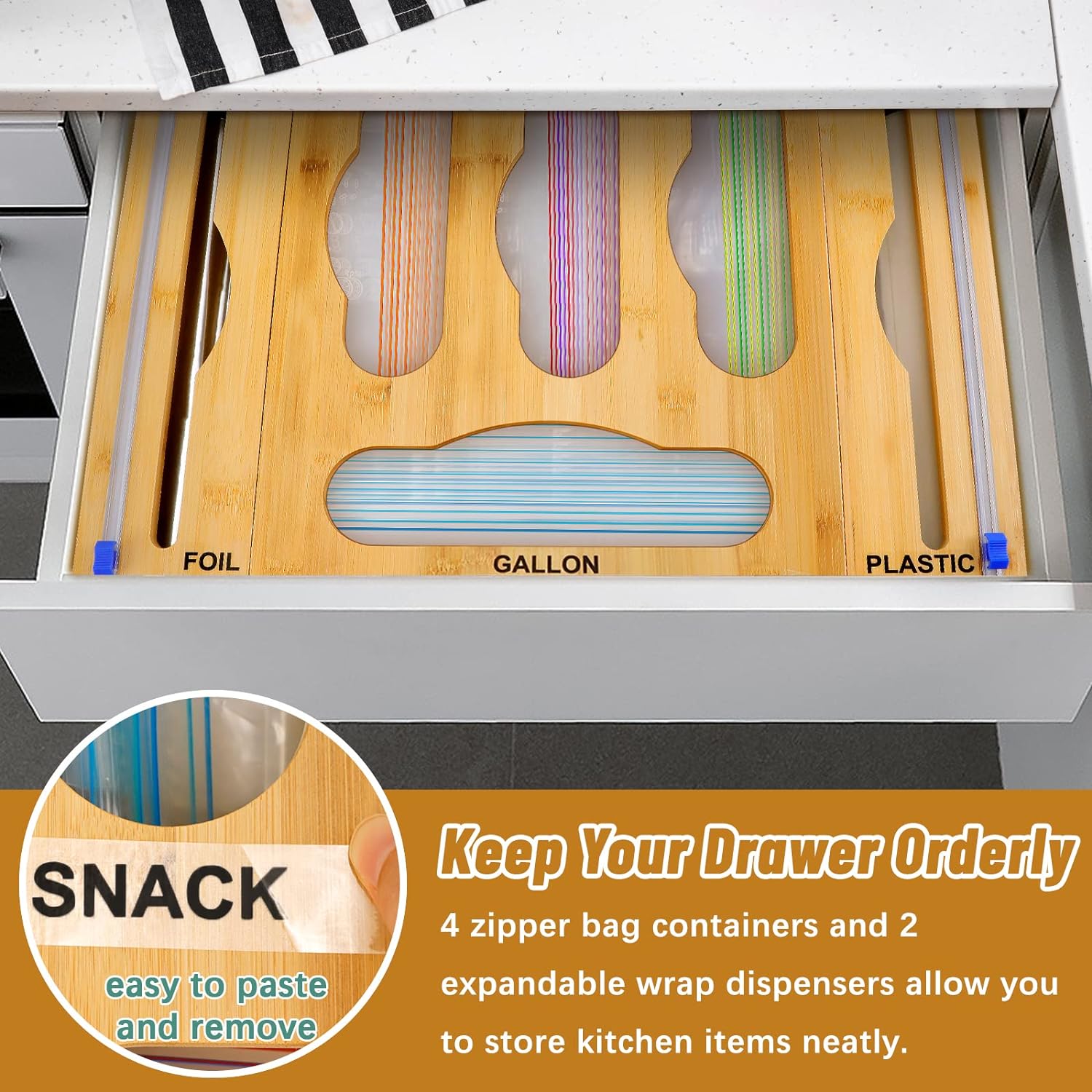 Bamboo Ziplock Bag Storage Organizer for Kitchen Drawer, Foil and Plastic Wrap Dispenser with Cutter, Food Plastic Baggie Holder for Gallon, Quart, Sandwich, Snack, Fit for Wall Hanging