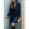 thumbnail image 5 of Women Elegant Retro Short Loose V-Neck Long Sleeve Velvet Solid Color Dress Fall Winter Fashion Clothing Navy Blue M, 5 of 9