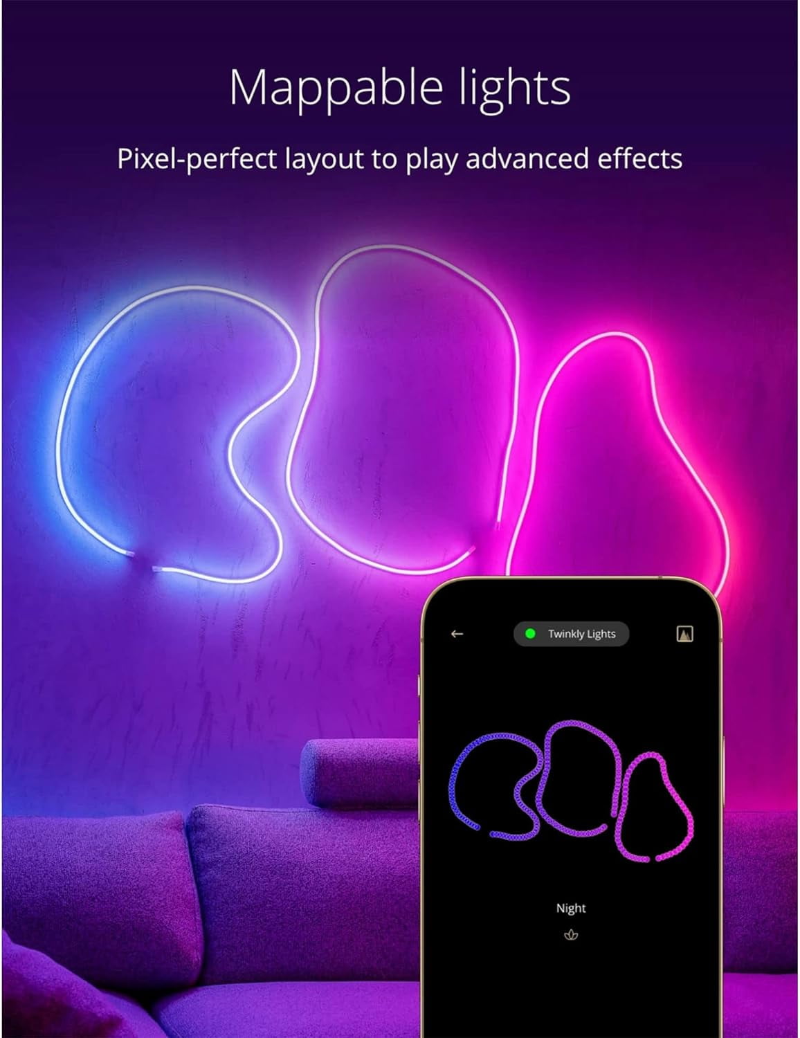10ft Twinkly Flex Neon LED Strip Lights, RGB, App-Controlled, 16 Million Colors, Indoor Decor