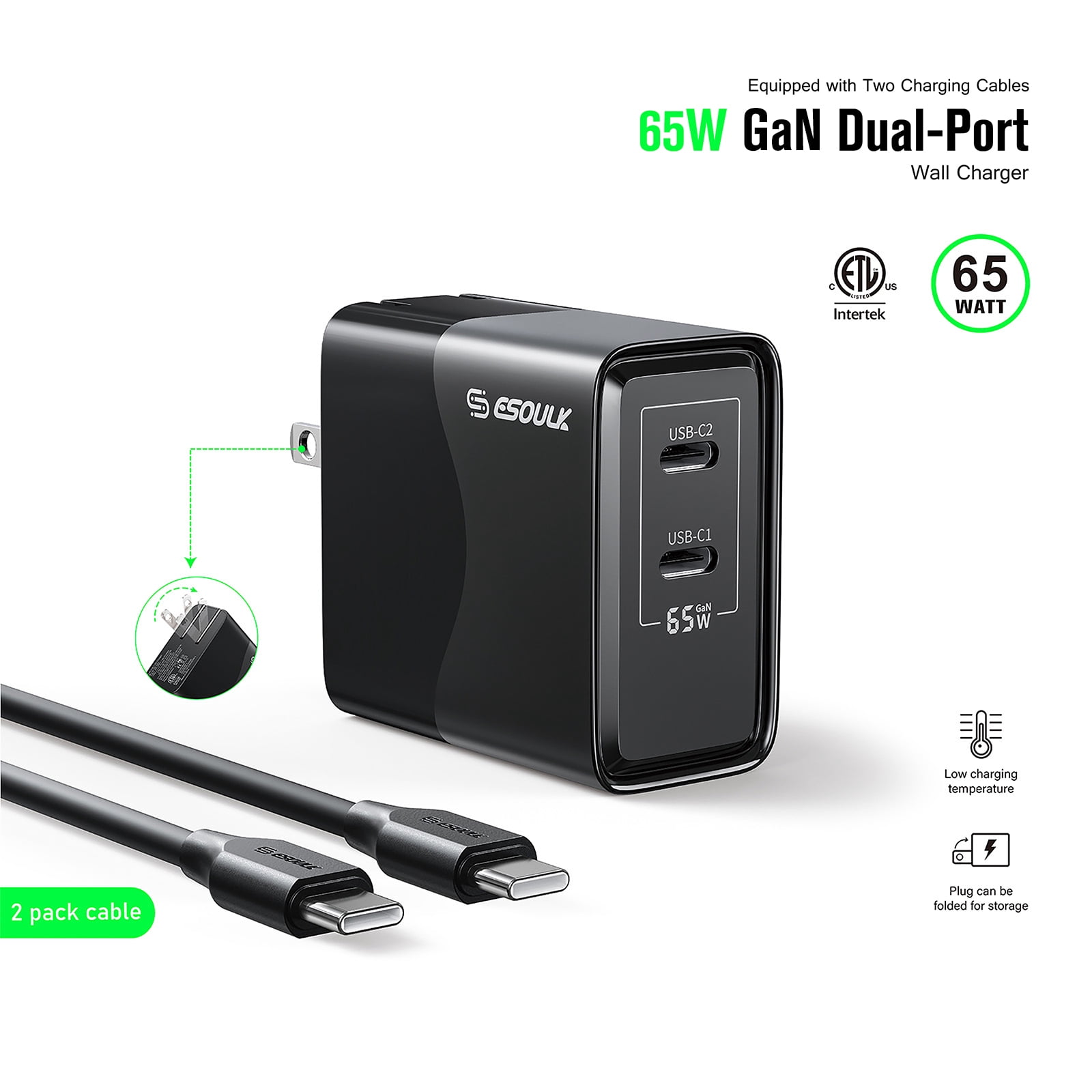Esoulk Premium 65W GaN 2-Port Dual USB-C Wall Charger Adapter with 2 Cables for iPhone 17 Pro Max, Macbook, iPad, Samsung