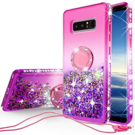 SOGA Rhinestone Glitter Bling Liquid Floating QuickSand Cute Phone Case Compatible for Samsung Galaxy Note 8 Case with Embedded Metal Ring for Magnetic Car Mounts Include Lanyard - Pink on