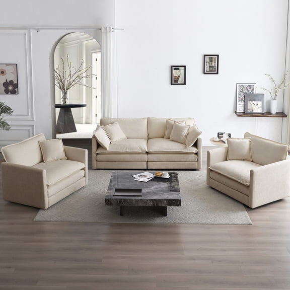 Beige Chenille Sofa Set with 2 Arm Chairs and 2 - seat Sofa - Space - Saving for Small Living Rooms