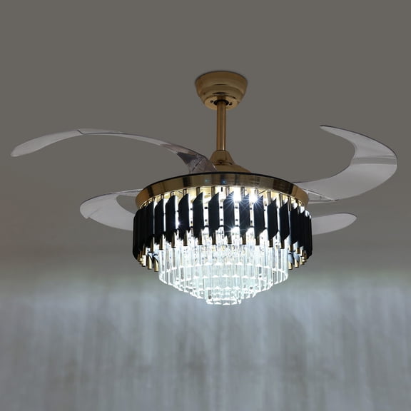 42" Modern Invisible LED 3-Color Ceiling Fan Light Black Crystal Chandelier with Remote for Living Room
