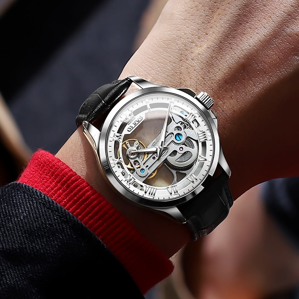OLEVS Automatic Watches for Men Skeleton Black Leather Band Large Face Self Winding Mechanical Mens Dress Watches Waterproof Easy to Read Luminous Business Casual Mens Wrist Watches Reloj Para Hombre