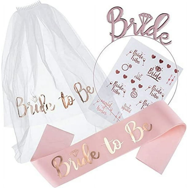 Juego de peinado con faja nupcial (juego de cuatro piezas en oro rosa), accesorios para despedida de soltera que incluyen faja, tatuaje de gallina, velo y peine para novia Despedida de soltera, desped