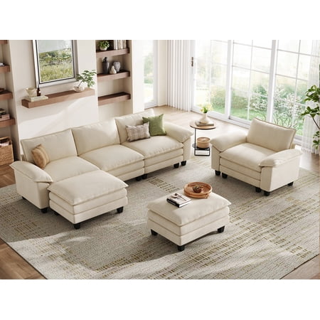 Linsy Home Oversized 4-Piece Sofa Set for Living Room, Comfy Corduroy Living Room Furniture Set Include Sectional Couch, Accent Chair and 2 Movable Ottomans, Beige