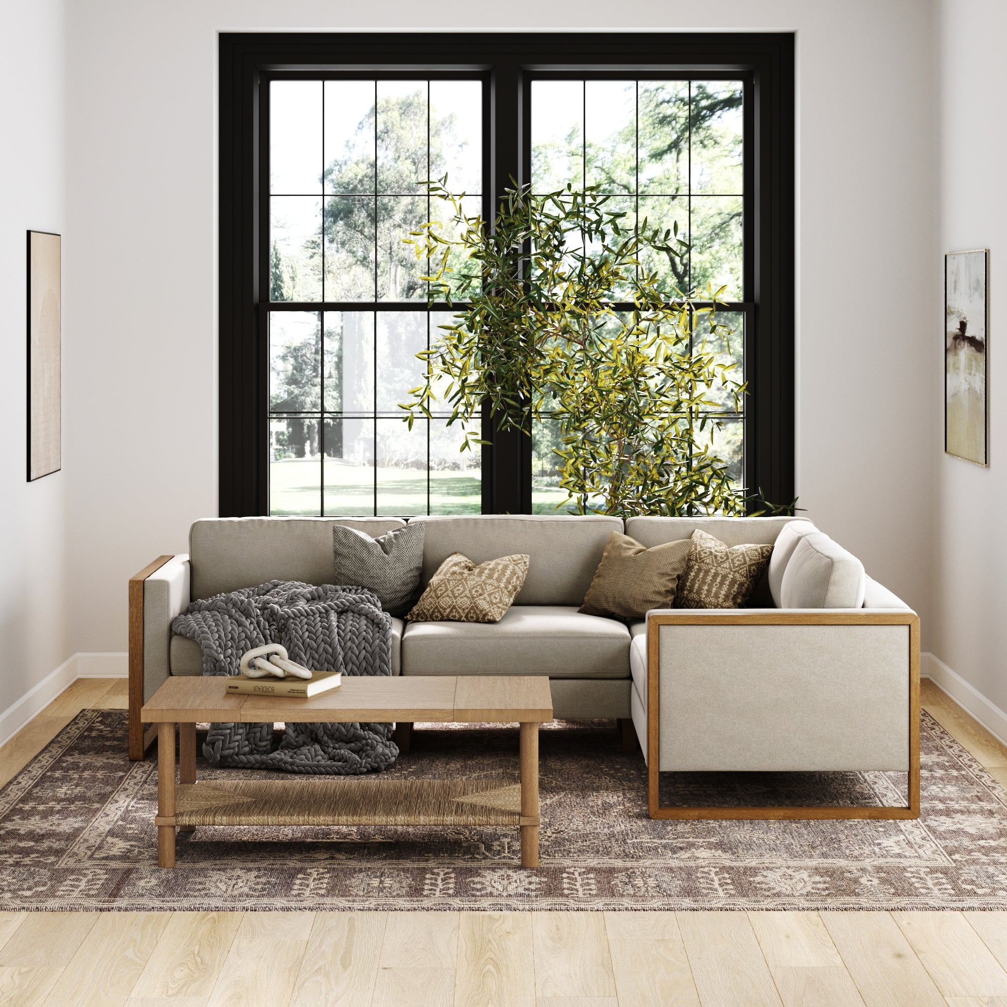 Nathan James Madison Modern Modular L-Shaped Sectional Sofa with Cushion, Upholstered 4-Seat Corner Sofa or Couch with Solid Wood Legs, Sand/Light Brown