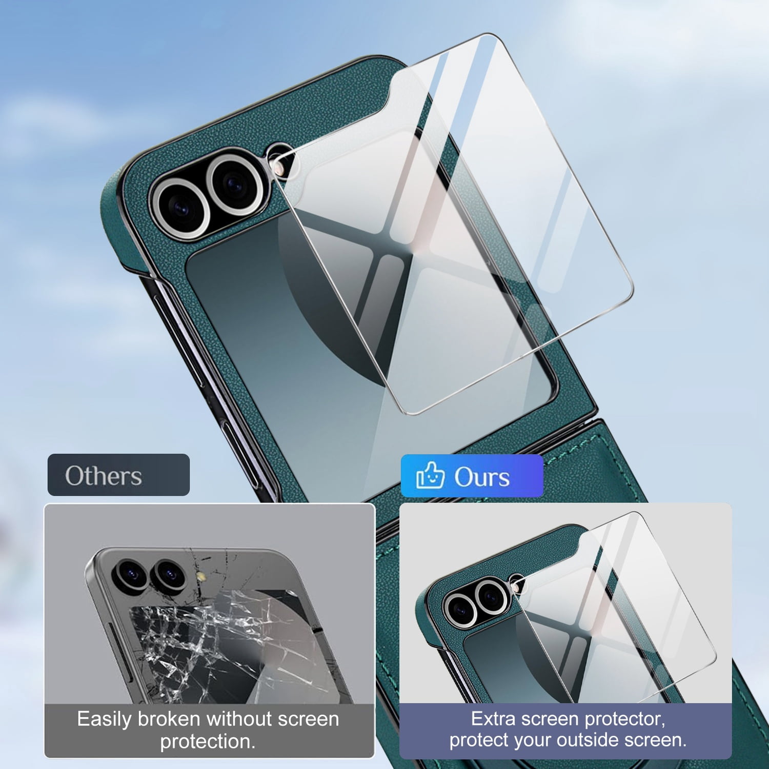 Compatible with Samsung Galaxy Z Flip 7 Phone Case,Built-in Screen Protector,360° Rotatable Ring Kickstand,Compatible with Mag-Safe,Anti-Scratch Leather Shockproof Rugged Phone Case,Green