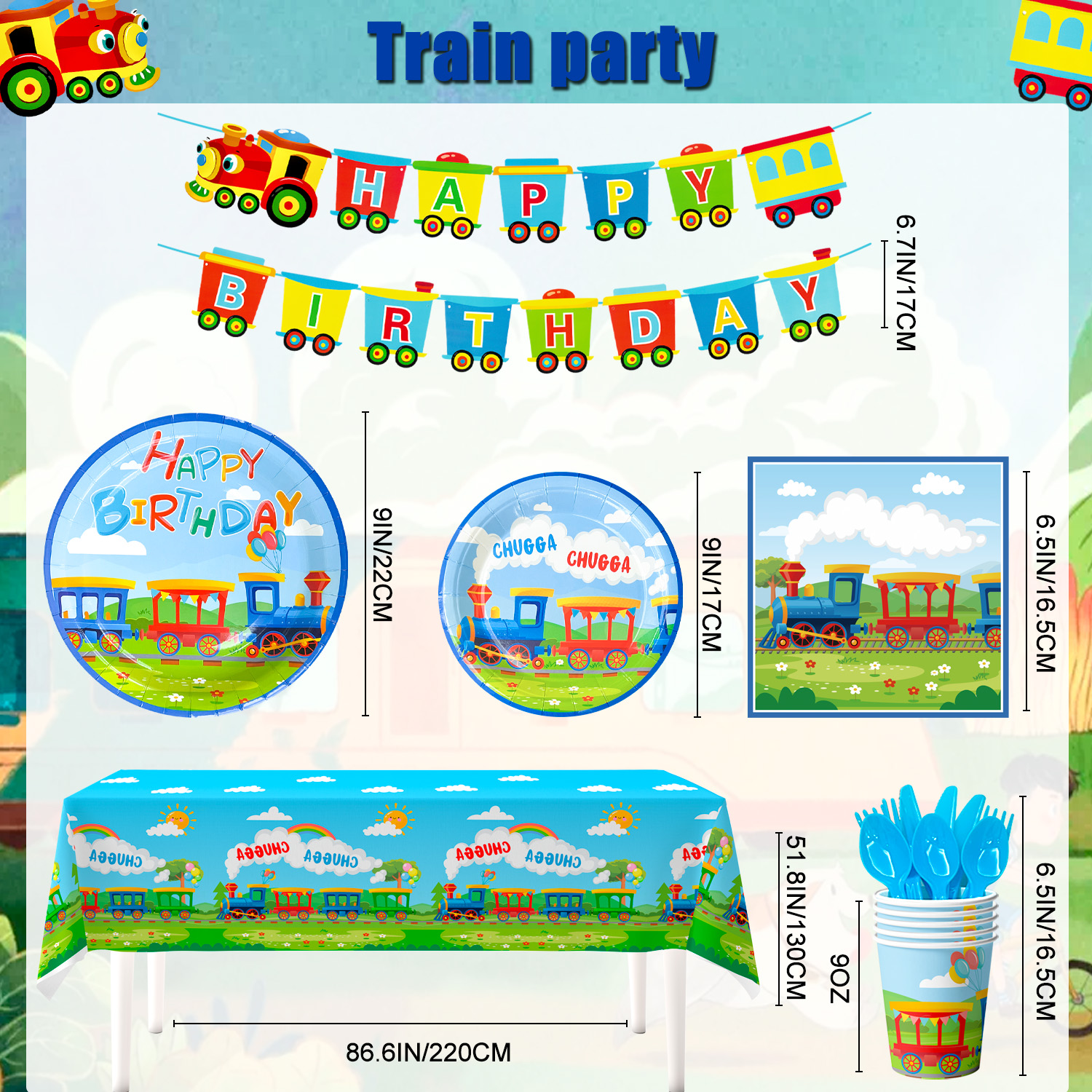 Set De 49 Pièces Vaisselle Jetable Train - Assiettes, Gobelets, Serviettes & Nappe - Décoration Fête Thème Train Enfants