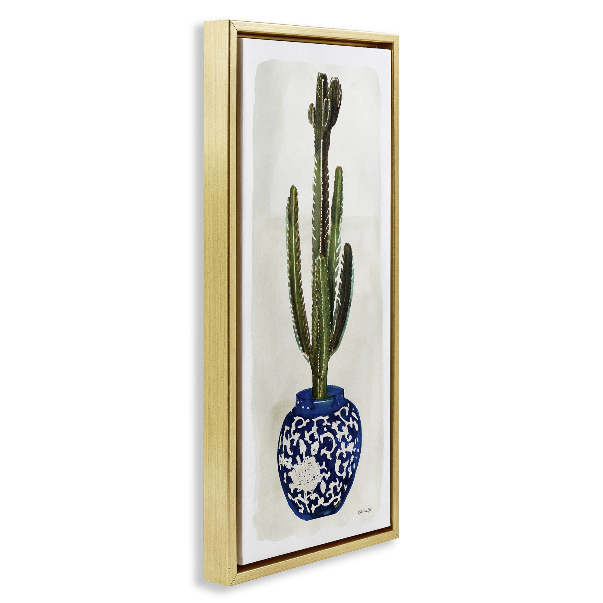 Stupell Industries Cactus in Blue Ornate Vase Botanical & Floral Painting Gold Floater Framed Canvas Art Print Wall Art, 15 x 31