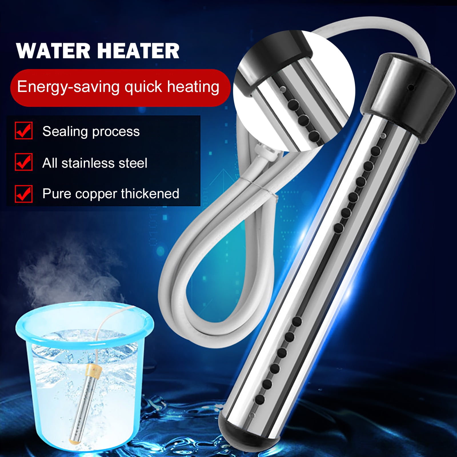 Electric Water Heater Portable Bathtub Bucket Heat Stick (3000W Black