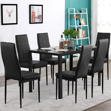 Ktaxon Home 7 Piece Dining Set Glass Metal Table and 6 Chairs Kitchen Room Furniture,Black