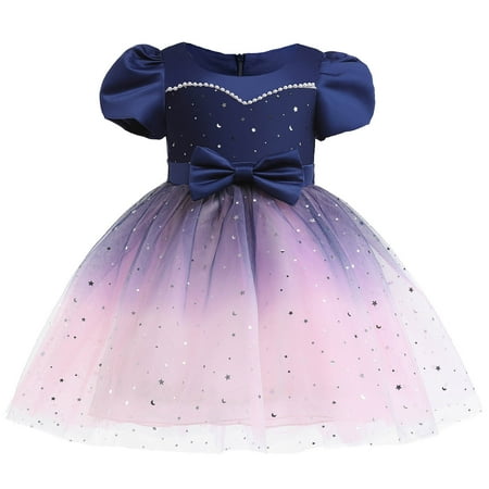 

JURANMO Toddler Girls Star Mesh Print Bow Pearl Birthday Gown Puff Sleeve Gradient Print Net Yarn Party Midi Dresses with Bowknot