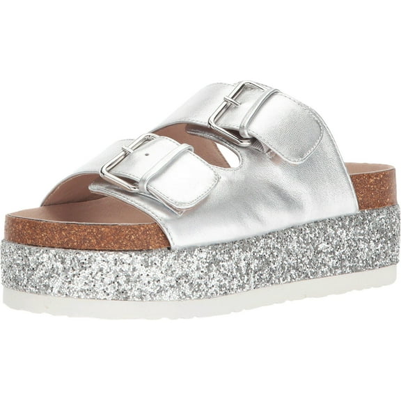 Shellys London Hawaii Silver Metallic Leather Glitter Platform Slide Sandals (Silver, 7)