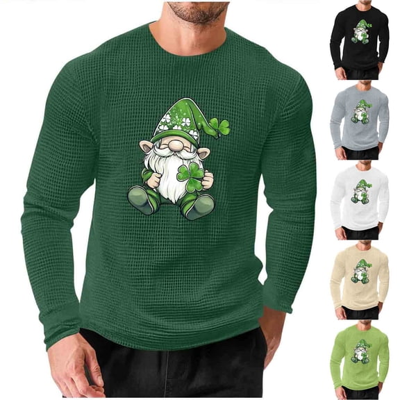 VBTAPA Men's St. Patrick's Day Waffle Shirts Long Sleeve Crewneck Pullover Big and Tall T-Shirt Loose Workout Casual Graphic Tees White M